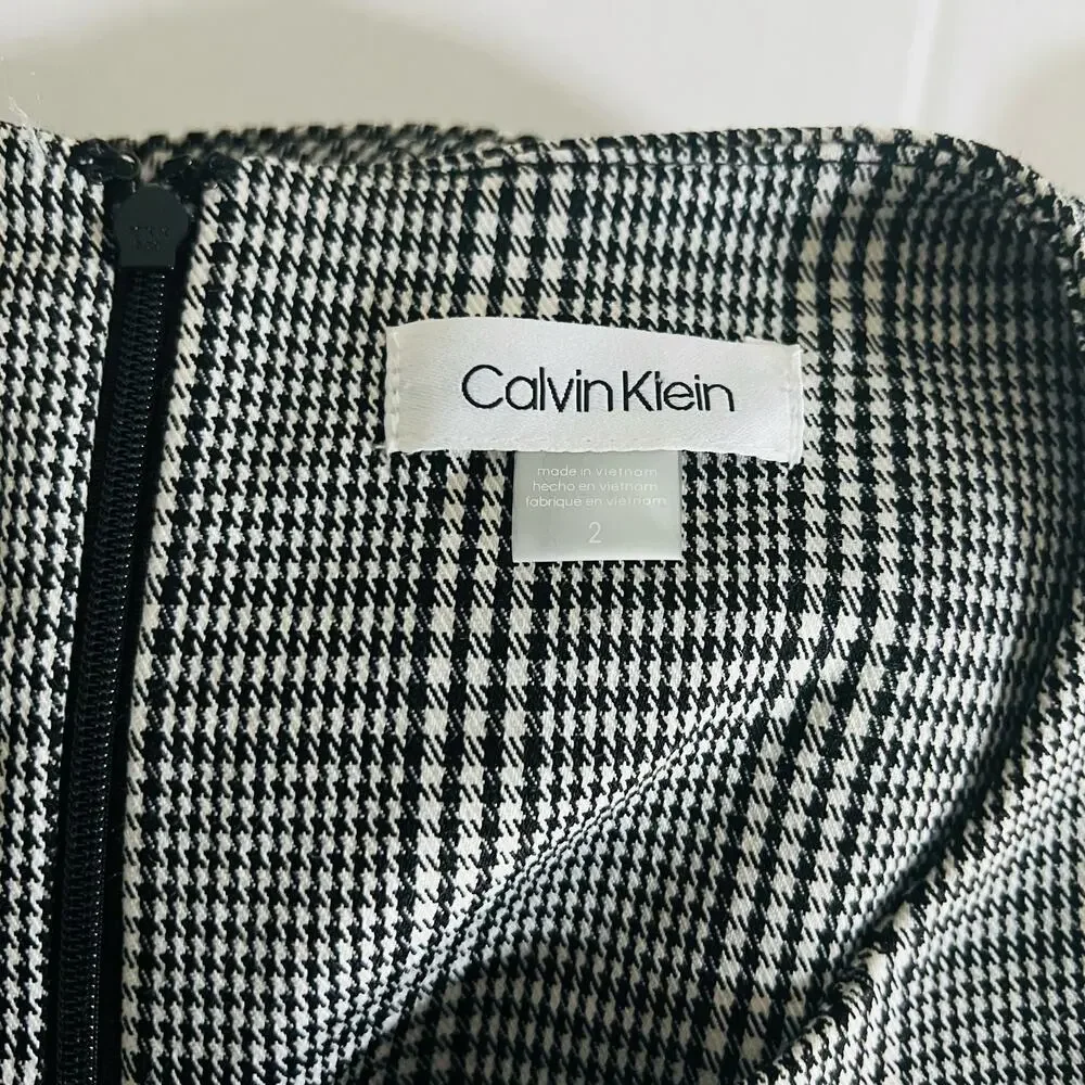 Calvin Klein Plaid Sleeveless Ruffle Belted Dress Size 2 Black White - Picture 5 of 9